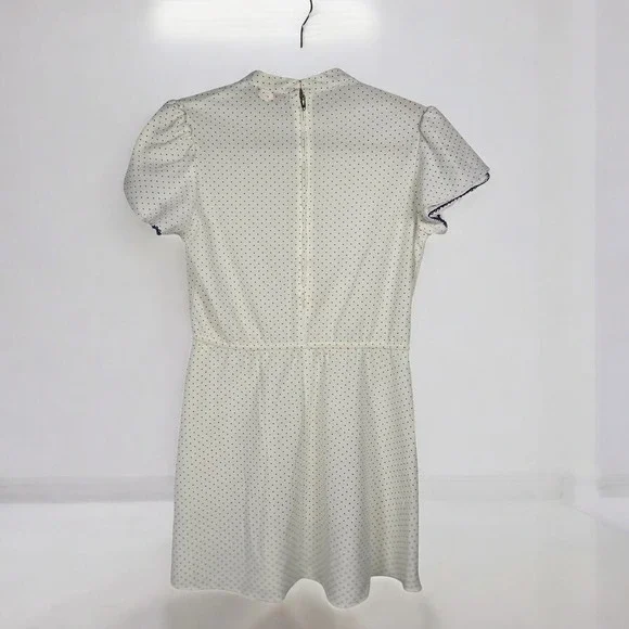 Vintage White Polka Dot Dress Short Sleeve Mock‎ Neck Elastic Waist Ruffle Trim - Picture 2 of 11